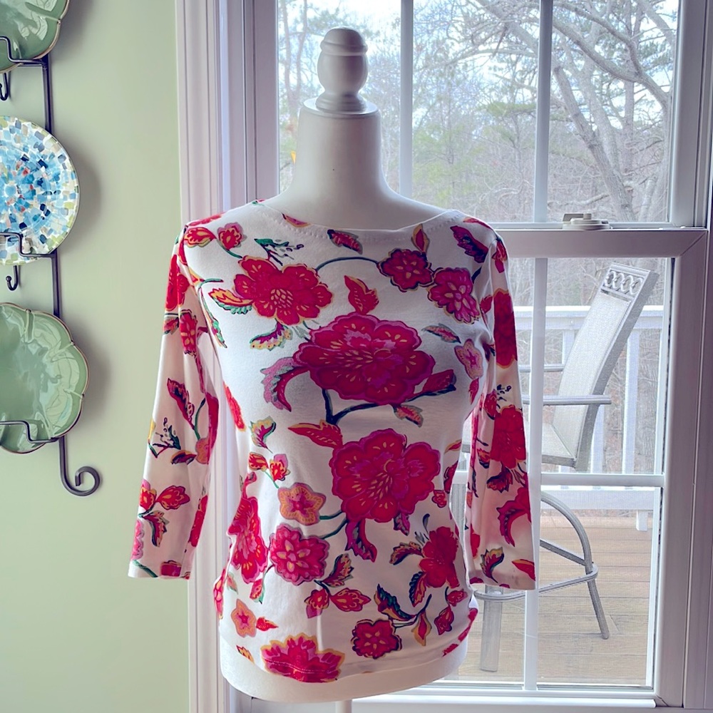 Jones New York Signature S/CH 3/4 Boat Neck 100% Cotton Colorful Floral Top